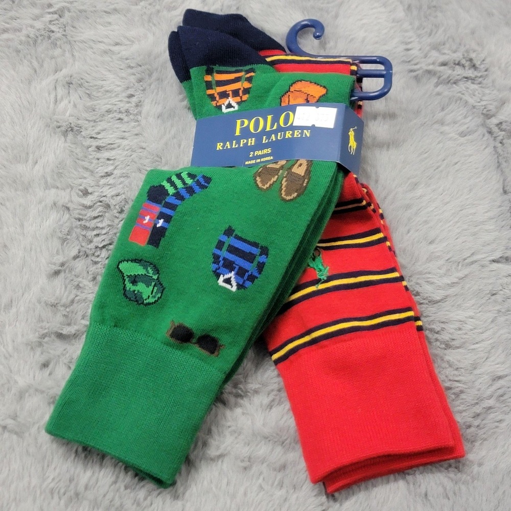 Polo Ralph Lauren Socks Mens 6-12.5 Green Preppy Rugby Stripe Mid Calf 2 Pack